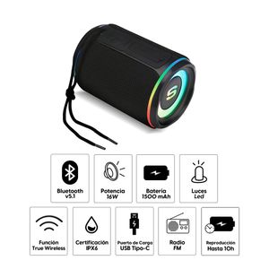 Parlante bluetooth Decibel Adventura 16W, IPX6, FM/USB, TWS, LUZ LED, Tipo-C, negro