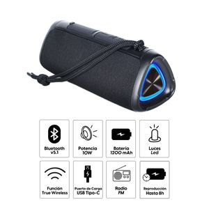 Parlante bluetooth Decibel Rocker 10W, FM/USB, TWS Luz led, Tipo-C, negro