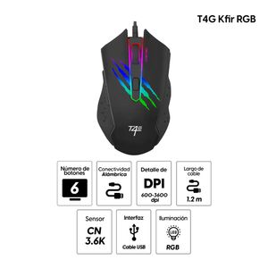 Mouse gamer T4G Kfir RGB alámbrico, conexión USB, 6 botones, 3600 dpi, negro