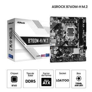 Placa madre Asrock B760M-H M.2, LGA1700. DDR5, MATX