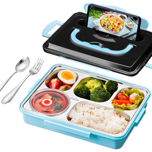 Lonchera Táper de Comida y Alimentos 5 Divisiones con Asa + Cubiertos Celeste