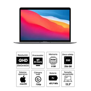 Laptop Apple MacBook Air 13.3" pantalla retina IPS, M1 8-core, 256GB ssd, 8GB ram, macOS, teclado español, gris