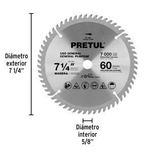 Disco para Sierra Circular 7 ¼" 60 Dientes Pretul 27059