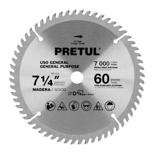 Disco para Sierra Circular 7 ¼" 60 Dientes Pretul 27059