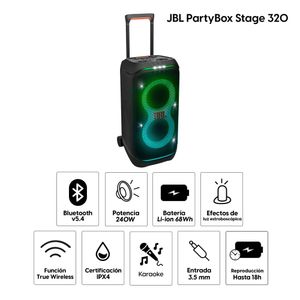 Parlante bluetooth JBL PartyBox Stage 320 potencia 240W, resistente al agua IPX4, batería hasta 18 horas, con luces , negro