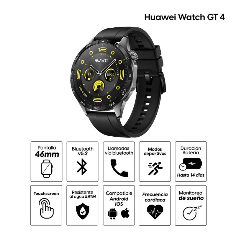 Smartwatch Huawei Watch GT 4 46mm GPS pantalla AMOLED resistente al agua 5ATM bateria hasta 14 dias 100 modos deportivos negro Real Plaza
