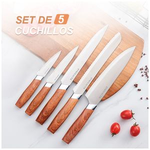 Juego de Cuchillos 5 Piezas de Acero con Base Marrón K22