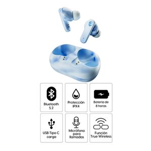 Audífonos bluetooth True Wireless Skullcandy Eco Buds resistente al agua IPX4, duración máx. 8 horas, control de música y llamadas, blanco