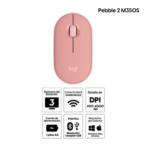 Mouse inalámbrico Logitech Pebble 2 M350S bluetooth, 1000 dpi, 3 botones, usa pila, rosado