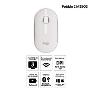 Mouse inalámbrico Logitech Pebble 2 M350S bluetooth, 1000 dpi, 3 botones, usa pila, blanco