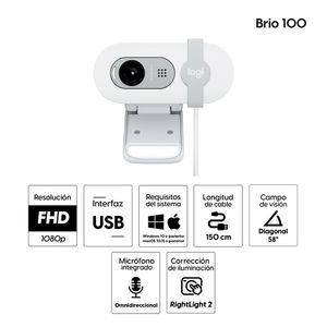 Cámara web Logitech Brio 100 FHD, conexión USB, micrófono integrado, obturador de privacidad, cable 1.5 metros, blanco