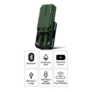 Audífonos bluetooth True Wireless Decibel Gamer resistente al agua IPX4, duración máx. 6 horas, controles táctil, verde