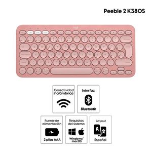 Teclado inalámbrico Logitech Peeble 2 K380S bluetooth, multidispositivo, layout español, usa pilas, rosado