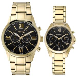 Reloj Fossil Flynn BQ2400SET Hombre y Mujer Set 2 Relojes Cronómetro Acero Inoxidable Dorado