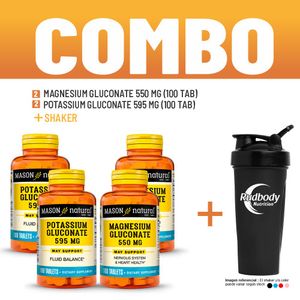 Combo Vitaminas Mason Natural - 2 Magnesium Gluconate 550 Mg + 2 Potassium Gluconate 595 Mg + Shaker