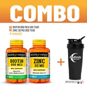 Combo Vitaminas Mason Natural - Biotin 800 Mcg (60 Tab) + Zinc 30 Mg (100 Tab) + Shaker