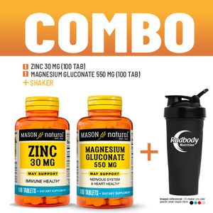 Combo Vitaminas Mason Natural - Zinc 30 Mg (100 Tab) + Magnesium Gluconate 550 Mg (100 Tab) + Shaker