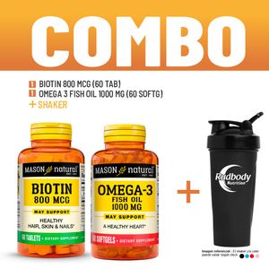 Combo Vitaminas Mason Natural- Biotin 800 Mcg (60 Tab) + Omega 3 Fish Oil 1000 Mg (60 Softg) +Shaker