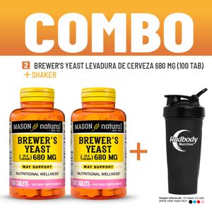 Combo Vitaminas Mason Natural - 2 Brewer'S Yeast Levadura De Cerveza 680 Mg (100 Tab) + Shaker