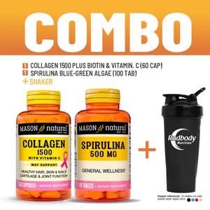 Combo Vitaminas Mason Natural- Collagen 1500 Plus Biotin & Vitamin. C + Spirulina Blue-Green +Shaker