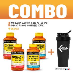 Combo Vitaminas Mason Natural - 2 Magnesium Gluconate 550 Mg + 2 Omega 3 Fish Oil 1000 Mg + Shaker