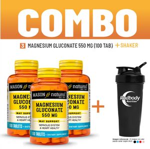 Combo Vitaminas Mason Natural - 3 Magnesium Gluconate 550 Mg (100 Tab) + Shaker