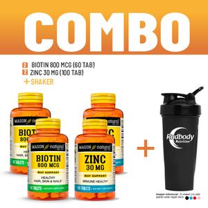 Combo Vitaminas Mason Natural - 2 Biotin 800 Mcg (60 Tab) + 2 Zinc 30 Mg (100 Tab) + Shaker