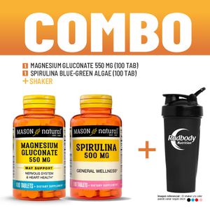 Combo Vitaminas Mason Natural - Magnesium Gluconate 550 Mg + Spirulina Blue-Green Algae + Shaker