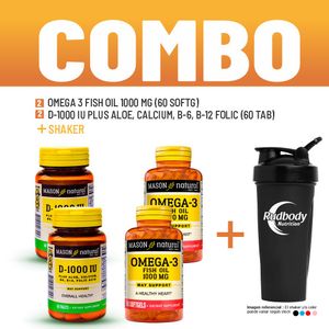 Combo Vitaminas Mason Natural - 2 Omega 3 Fish Oil 1000 Mg + 2 D-1000 Iu Plus Aloe,Calcium + Shaker