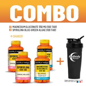 Combo Vitaminas Mason Natural - 2 Magnesium Gluconate 550 Mg + 2 Spirulina Blue-Green Algae + Shaker