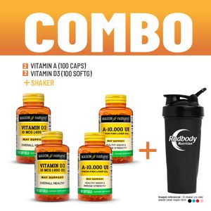 Combo Vitaminas Mason Natural - 2 Vitamin A-10,000 Iu (100 Softg) + 2 Vitamin D3-400 Iu + Shaker
