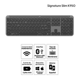 Teclado inalámbrico Logitech Signature Slim K950 bluetooth, bluetooth/receptor USB, multidispositivo, layout español, usa 2 pilas AAA, negro