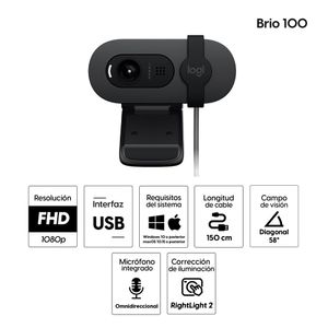 Cámara web Logitech Brio 100 FHD 1080p, conexión USB, micrófono integrado, tapa de privacidad, cable 1.5 m, negro