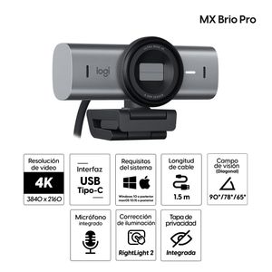 Cámara web Logitech MX Brio Pro 700 UHD 4K, conexión USB Tipo-C, micrófono integrado, tapa de privacidad, cable 1.5 m, gris