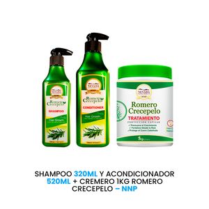 Shampoo 320ml y Acondicionador 520ml + Cremero 1Kg Romero Crecepelo