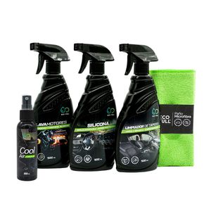 Kit Interior silicona + limpiador tapices + lavamotor + ambientador + paño