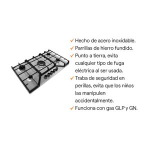 Cocina Encimera Sole S-Collection SOLCO064 Acero Inoxidable a Gas 76cm