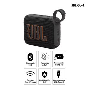 Parlante bluetooth JBL Go 4 potencia 4.2W, resistente al agua IP67, hasta 7 horas de reproducción, puerto de carga USB Tipo-C, negro