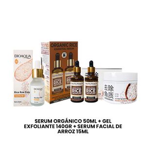 Serum Organico 50ml + Gel exfoliante 140Gr + Serum Facial Arroz 15ml