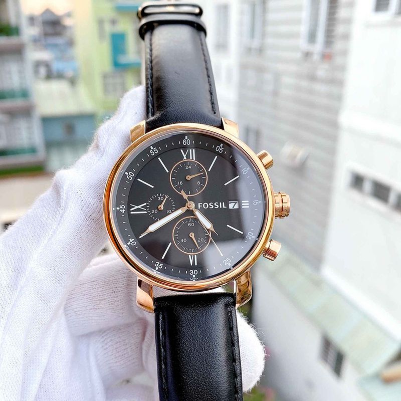 Reloj Fossil Rhett BQ1008 Fecha Cronometro Acero Inoxidable Oro Rosado Cuero Negro Real Plaza