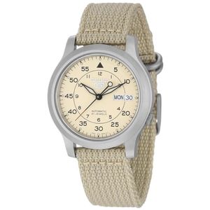 Reloj Seiko 5 SNK803K2 Automático Fecha Acero Inoxidable Mate Correa Nailon Beige