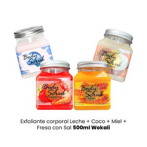 Exfoliante corporal Leche + Coco + Miel + Fresa con Sal 500ml Wokali