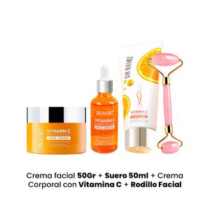 Crema facial 50Gr + Suero 50ml + Crema Corporal con Vitamina C + Rodillo Facial