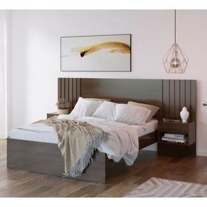 Cama + Cabecera + Veladores Flotantes Ivanna color Wengue TU MESITA 2 plazas