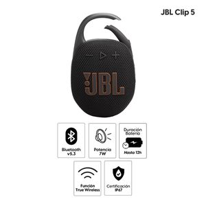 Parlante bluetooth JBL Clip 5 potencia 7W, resistente al agua IP67, hasta 12 horas de reproducción, negro