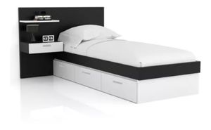 Cama Juvenil 1 Plaza + Cabecera + Mesa de Noche Janeiro color Blanco/Negro 3 cajones TU MESITA