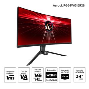 Monitor gamer 34" Asrock PG34WQ15R2B Panel VA, WQHD (3440 x 1440), 165Hz, 1ms, entradas HDMI/ DisplayPort