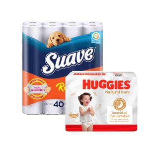 Pack Pañales HUGGIES Natural Care Talla XXG Paquete 58un + Papel Higiénico SUAVE Resistemax Doble Hoja Paquete 40un