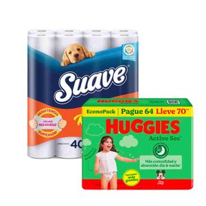 Pack Pañales HUGGIES Active Sec XXXG Paquete 70un + Papel Higiénico SUAVE Resistemax Doble Hoja Paquete 40un