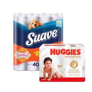 Pack Pañales HUGGIES Natural Care Talla XG Paquete 60un + Papel Higiénico SUAVE Resistemax Doble Hoja Paquete 40un